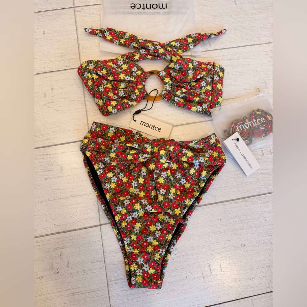 Montce Swim Bikini Set Tori Ties Bandeau Top & Paula Tie-up Bottom NWT Size M/L